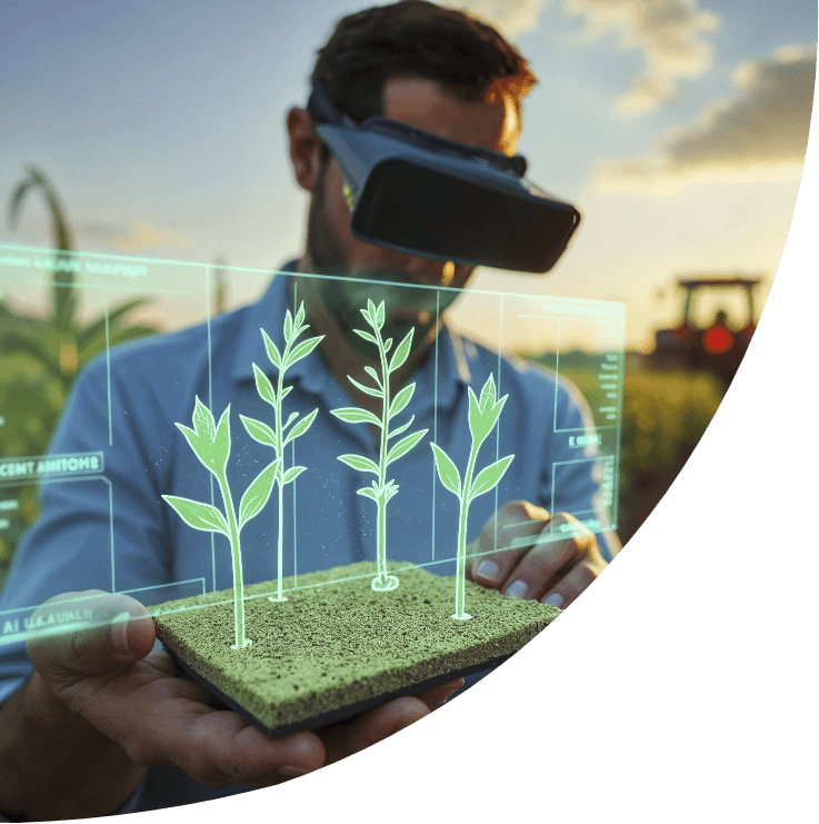 Fotografia de um homem em um campo agrícola ao pôr do sol, usando um óculos de realidade virtual e segurando uma placa quadrada que projeta um holograma de quatro plantas verdes crescendo em um substrato.