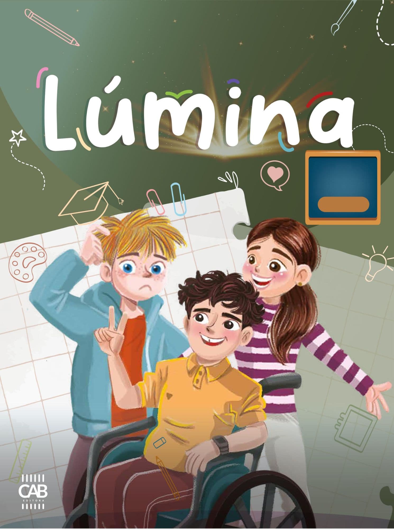 Capa Lúmina 6º Ano: três alunos conversando e interagindo