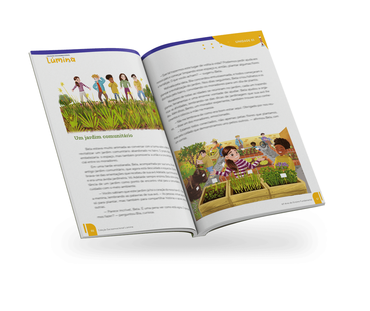 Coleção Lúmina: livro aberto exibindo ilustrações de crianças cultivando um jardim.