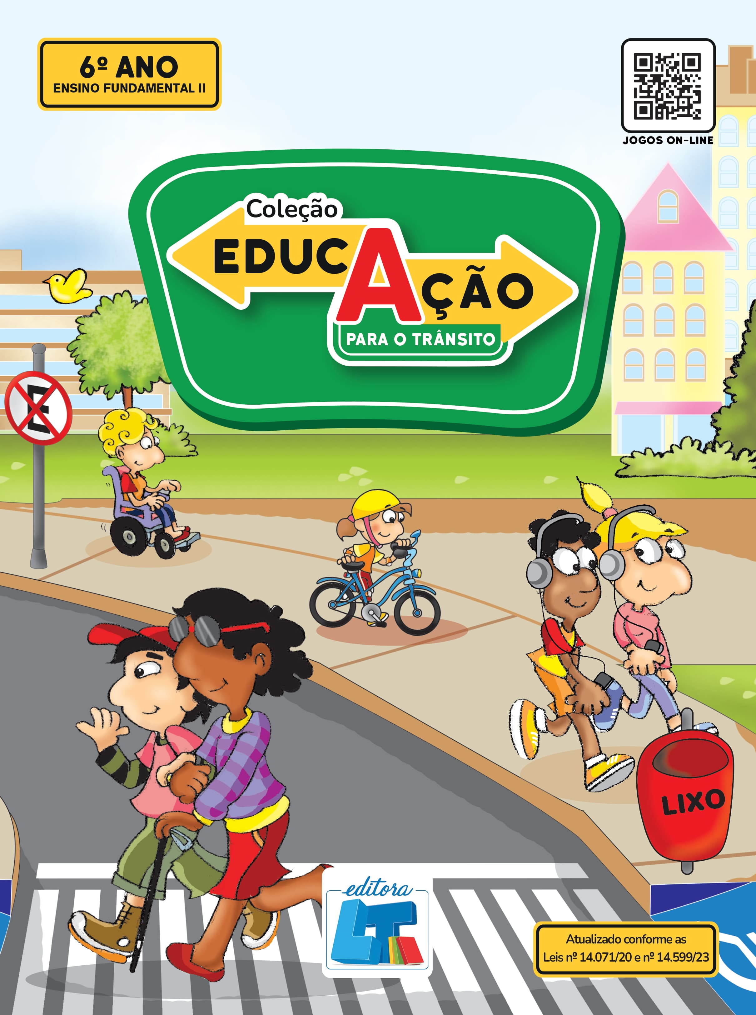 Capa Educação para o Trânsito 6º Ano: aluno guiando uma colega com deficiência visual caminhando sobre a faixa de pedestres.